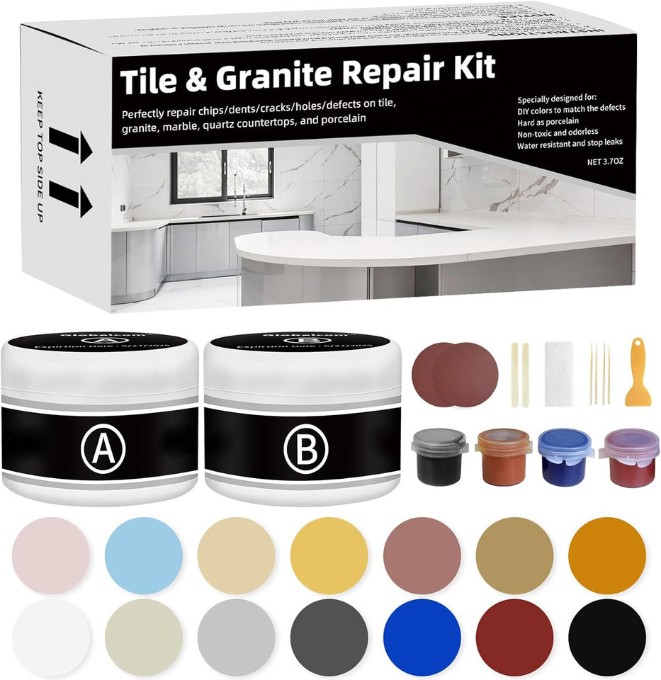 Tile and bathtub repair kit with A and B paste tubs and colour pigments listing from GlueMFG catalog