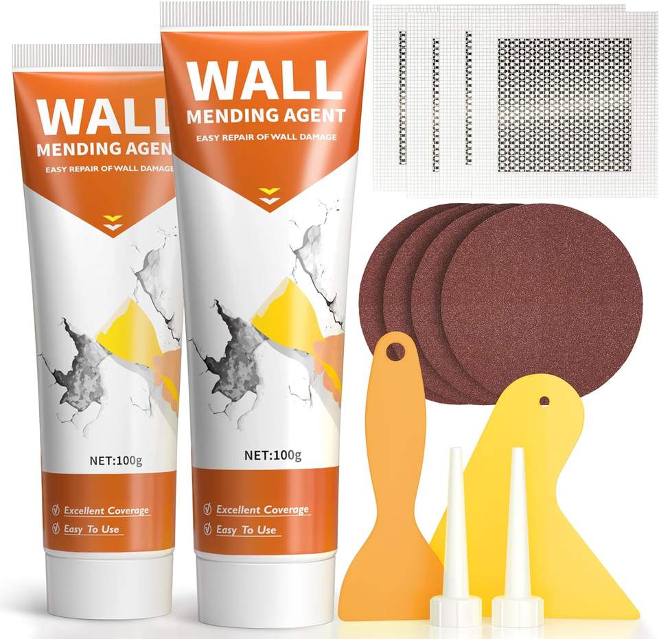 Wall mending agent tubes with mesh patches and sanding discs listing from GlueMFG catalog