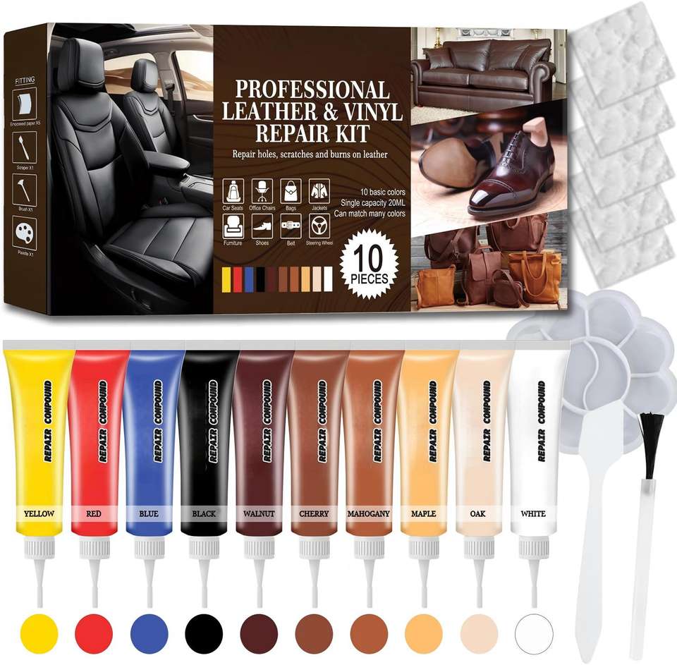 Leather and vinyl repair kit with colour compound tubes listing from GlueMFG catalog