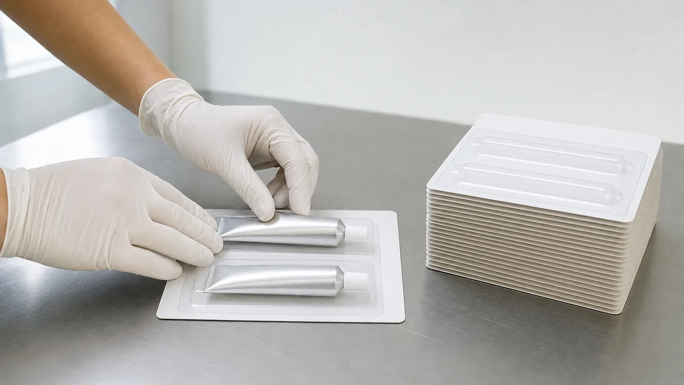 Gloved hands laying small plain aluminium glue tubes into clear blister trays on blank white backing cards, a stack of finished blister cards beside them