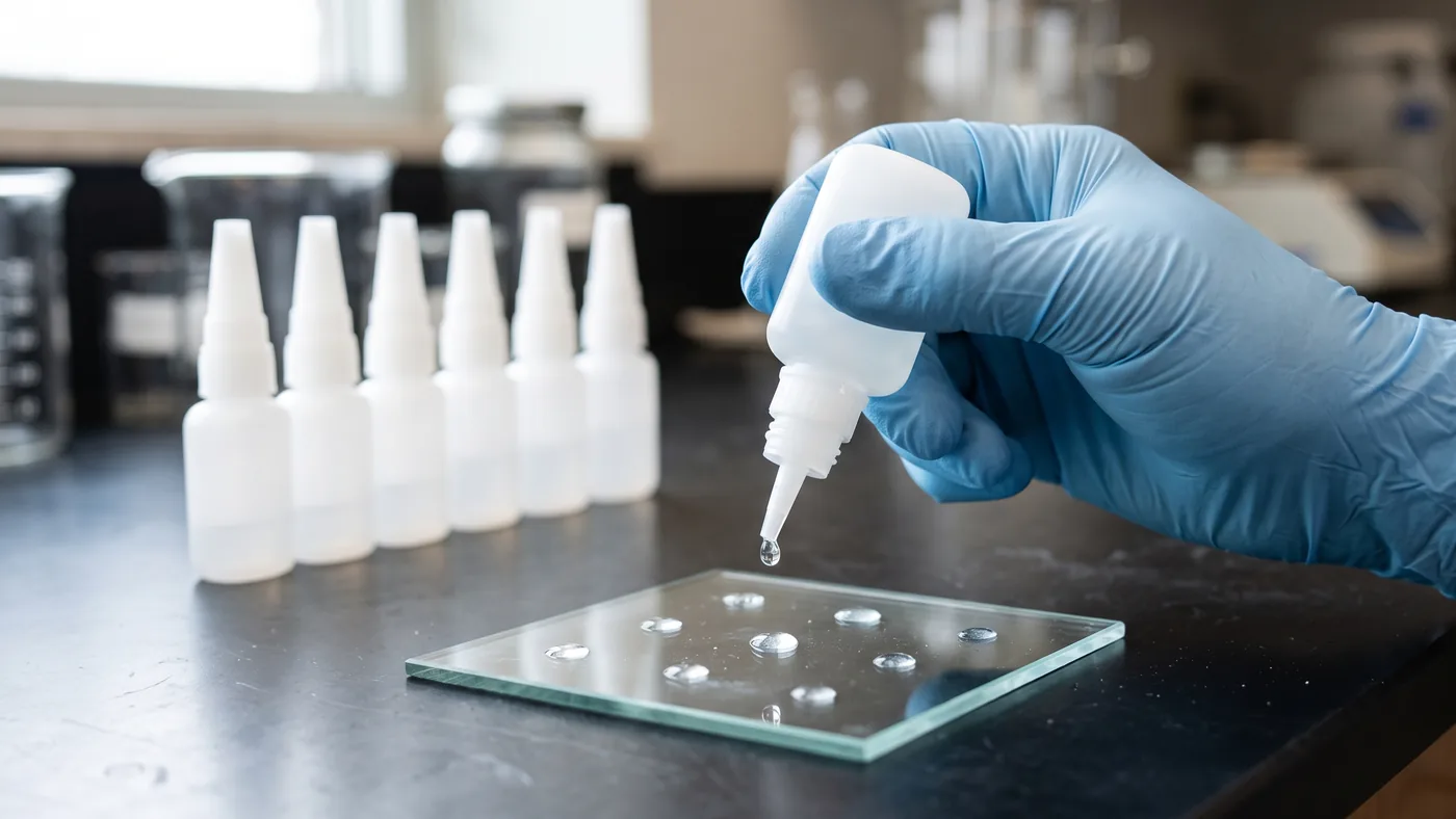 Gloved hand squeezing a small plain white instant glue bottle so one clear drop forms at the nozzle tip above a glass test plate with small glue dots