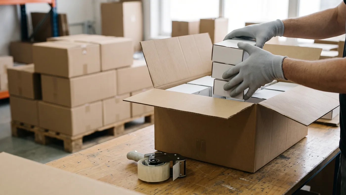 Gloved hands placing plain white inner boxes into a plain brown export carton on a packing table, filled cartons stacked on a pallet behind