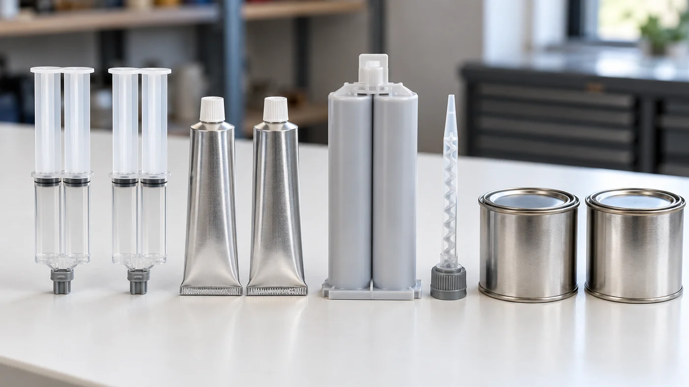 Unmarked two-part adhesive packs on a white bench: double-barrel syringes, pairs of aluminium tubes, a dual cartridge with a spiral static mixing nozzle and a pair of small metal cans