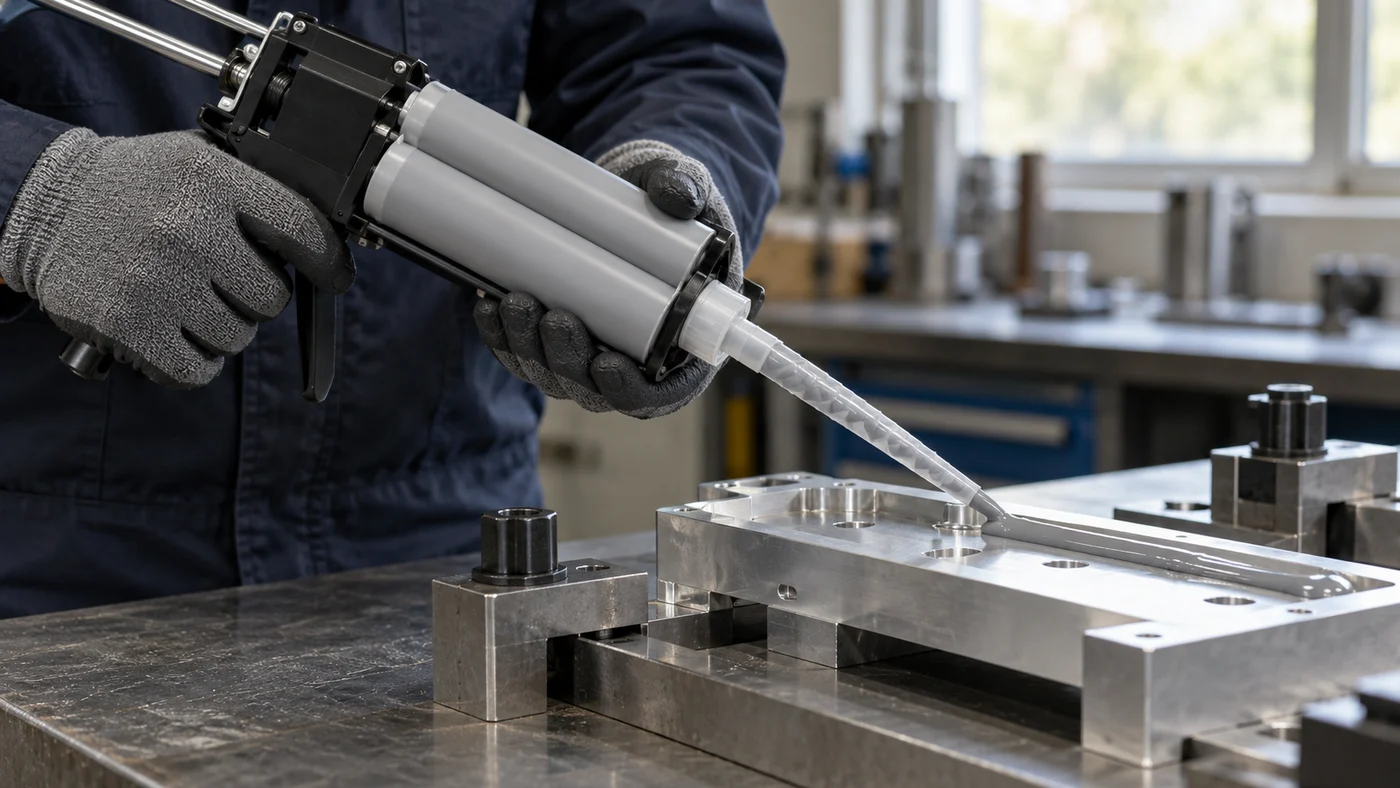 Two gloved hands using a manual dispensing gun with a grey dual cartridge and a spiral static mixing nozzle to lay a bead of mixed epoxy on a machined aluminium part in a fixture