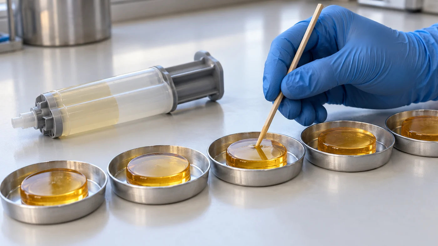 Row of small aluminium dishes each holding a cured disc of clear amber epoxy, a gloved hand pressing a wooden stick against one disc to check hardness, a double-barrel syringe beside the row