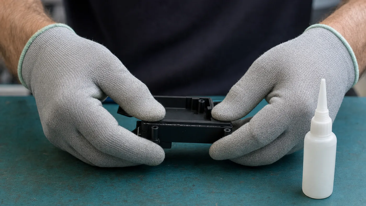 Two gloved hands holding two small black plastic housing parts together along a thin glue line beside a small plain instant glue bottle on a bench mat