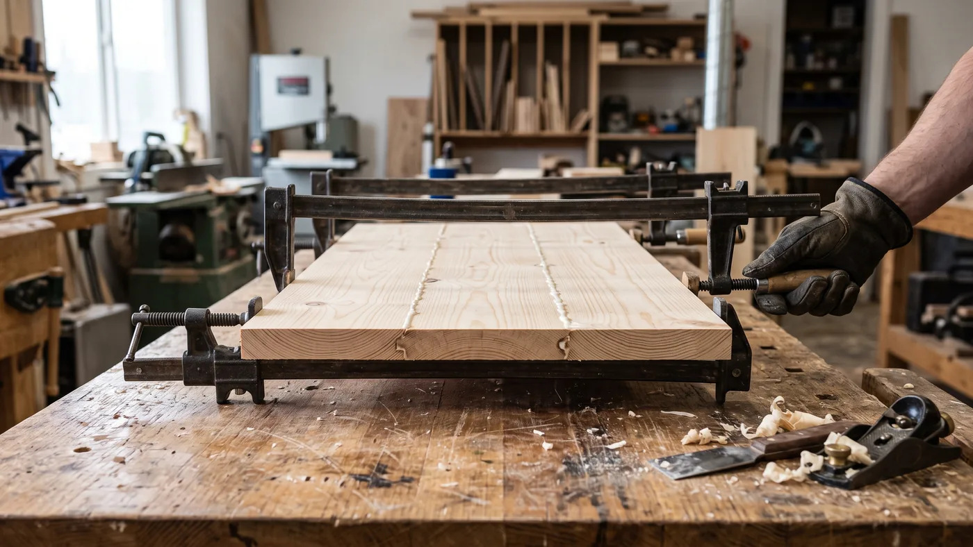 Edge-glued light wood panel held in steel bar clamps on a workbench with glue squeeze-out along the joints, a gloved hand turning a clamp handle