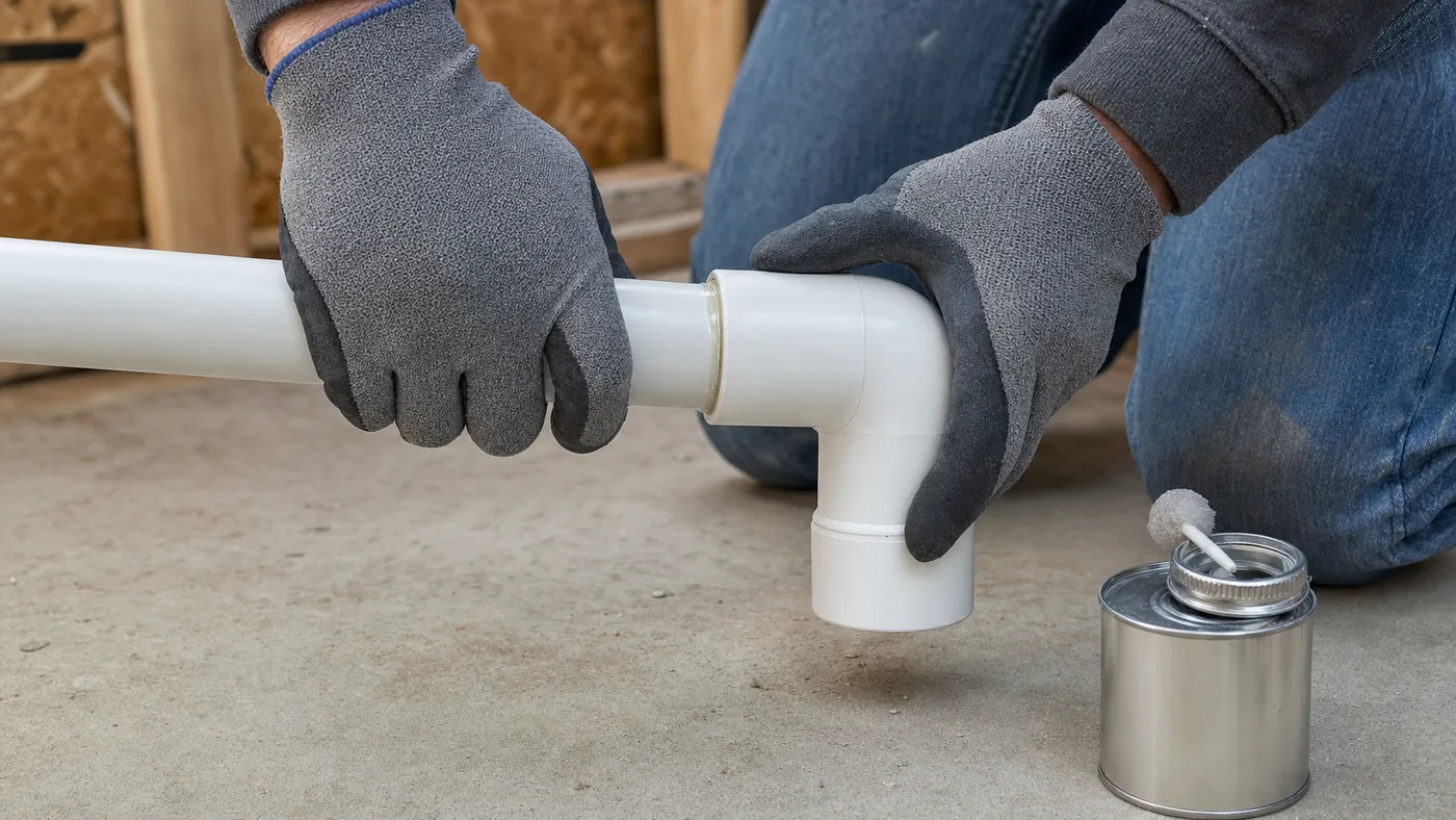 Gloved hands pushing a white PVC pipe into a white elbow fitting and holding the joint, a small plain metal cement can on the floor beside them