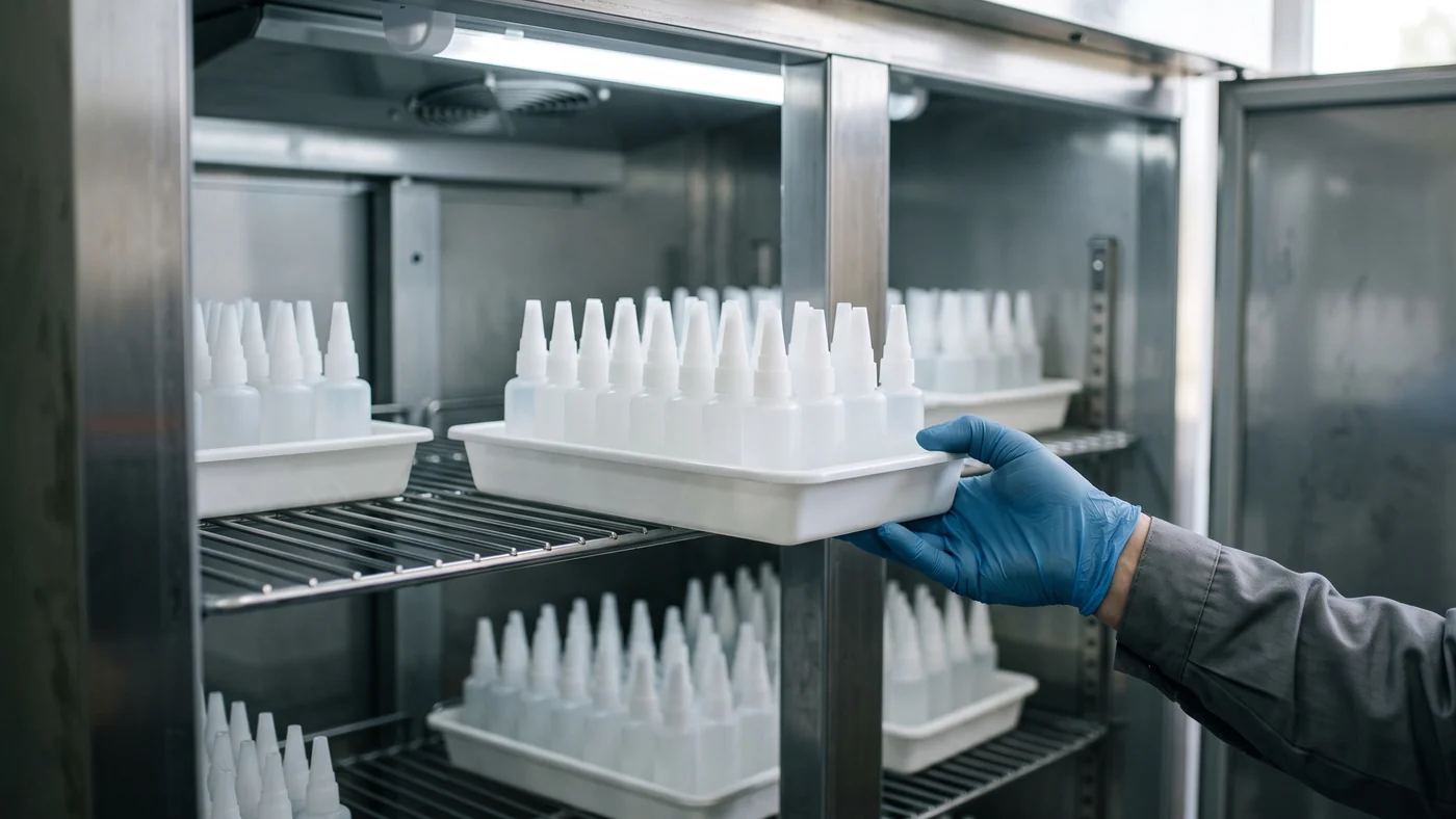 Gloved hand placing a tray of small plain instant glue bottles onto a shelf inside an open stainless steel commercial refrigerator
