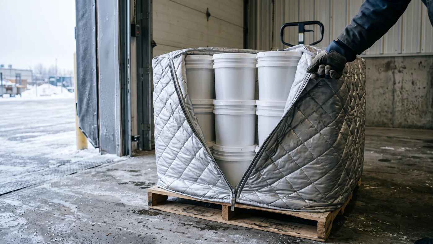 Pallet of plain white pails wrapped in a quilted silver insulated pallet cover on a winter loading dock, gloved hand closing the cover