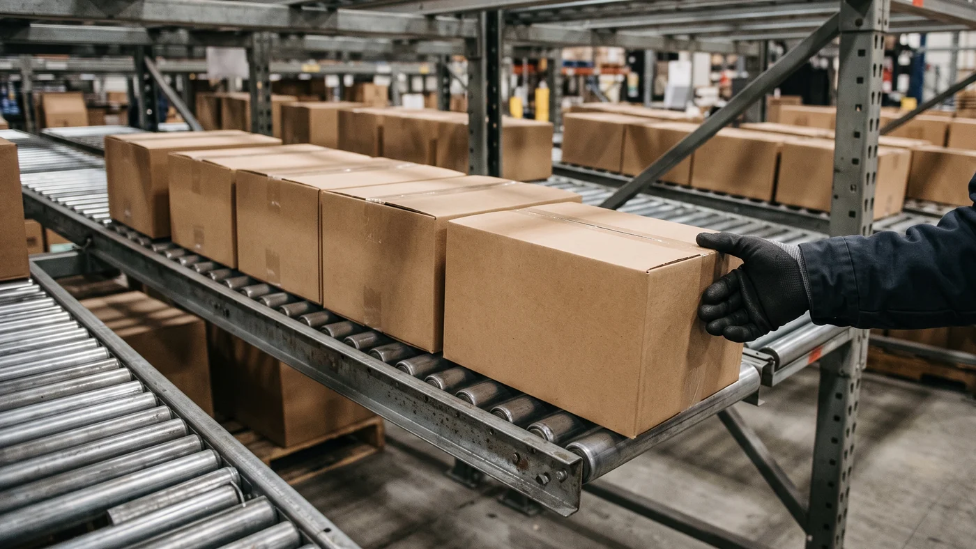 Gloved hand pulling the front carton from a gravity-flow roller rack lane while newer cartons wait behind it