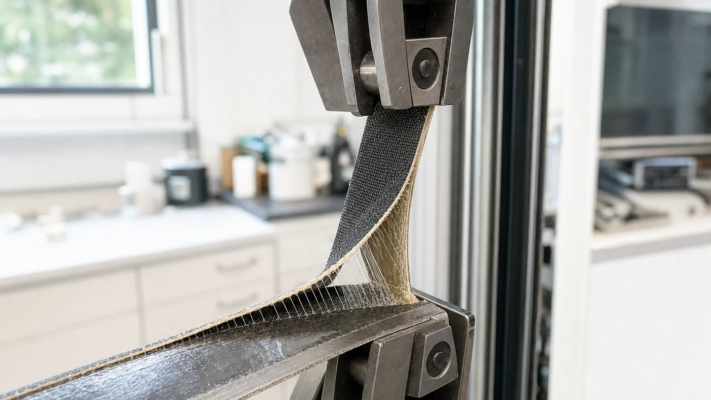 Flexible bonded laminate strip being peeled apart at a T angle in the steel grips of a testing machine with glue strings at the peel front