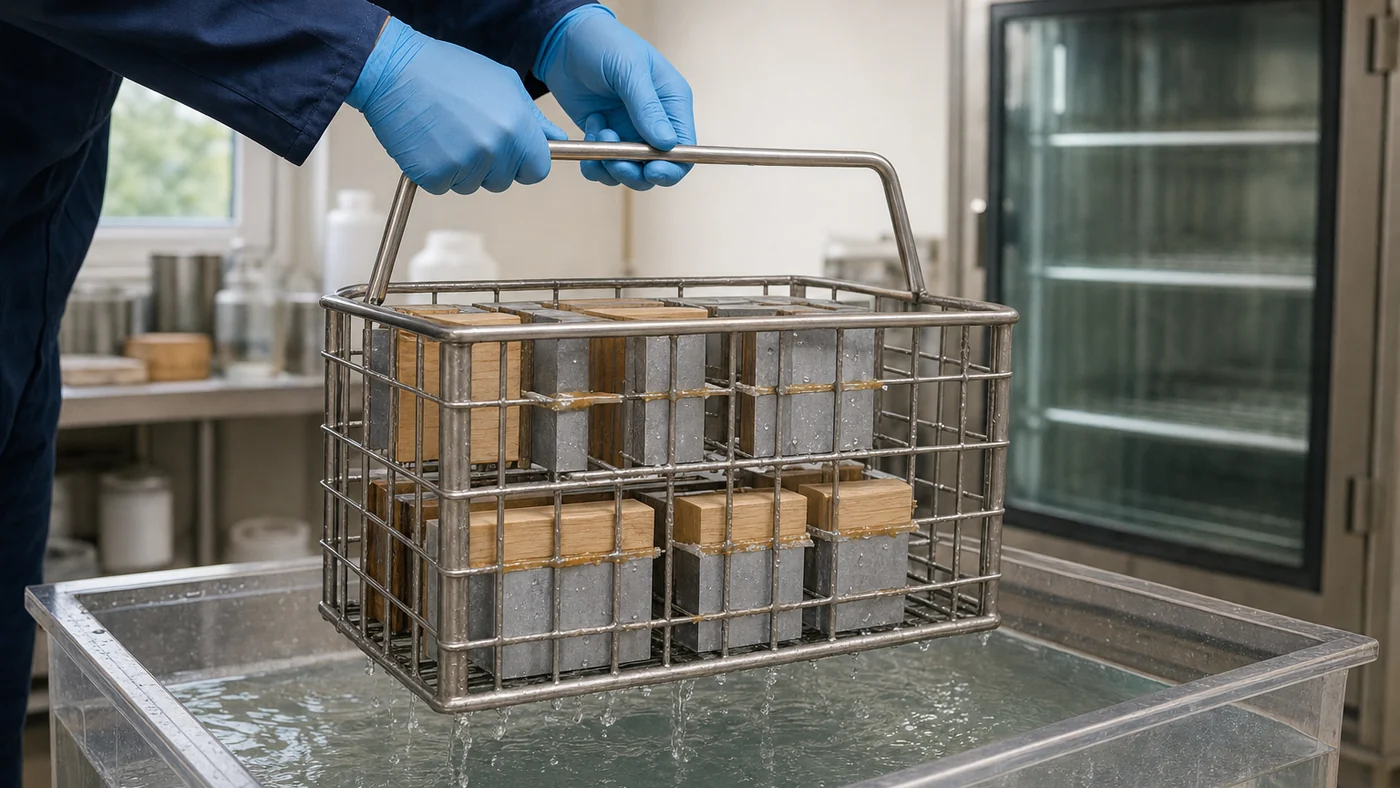 Gloved hands lifting a stainless rack of bonded wood and aluminium test specimens out of a clear water soak tank in an adhesive QC lab