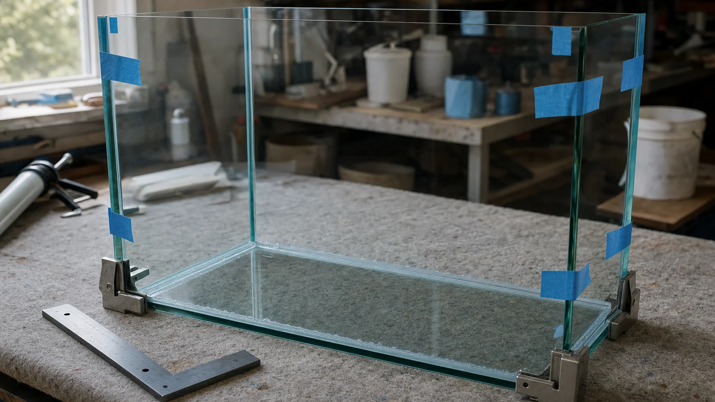 Clear glass aquarium being assembled on a padded workbench, panels held square by plain blue tape strips and steel corner clamps while clear silicone seams cure, a carpenter's square beside it