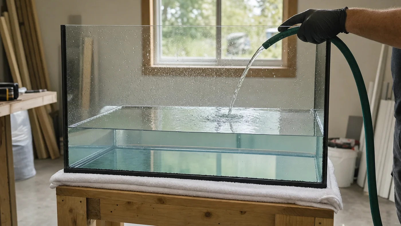 Newly sealed glass aquarium with black seams on a wooden stand being filled with clear water from a garden hose for a leak test, a folded white towel along the base, a window behind