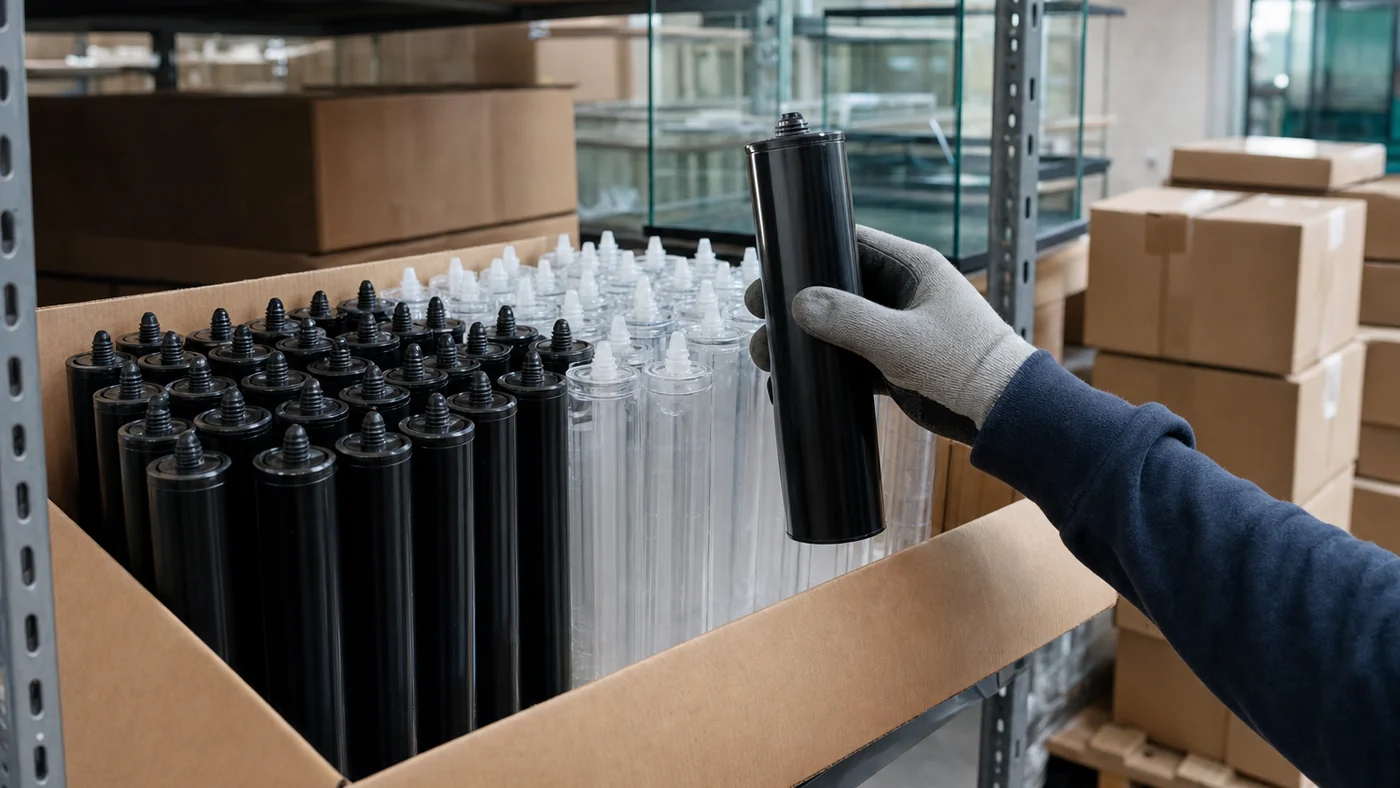 Gloved hand lifting a plain black silicone cartridge from an open carton of black and clear cartridges on a warehouse shelf, glass aquariums on shelves behind