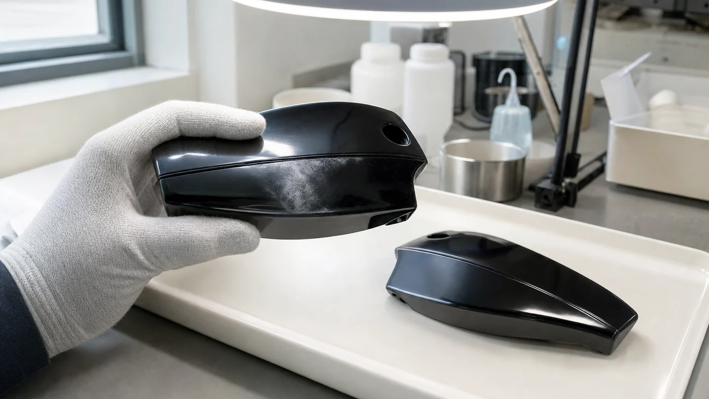 Gloved hand holding a glossy black plastic part with a faint white haze around its glued joint under an illuminated magnifier, a clean comparison part on a white tray
