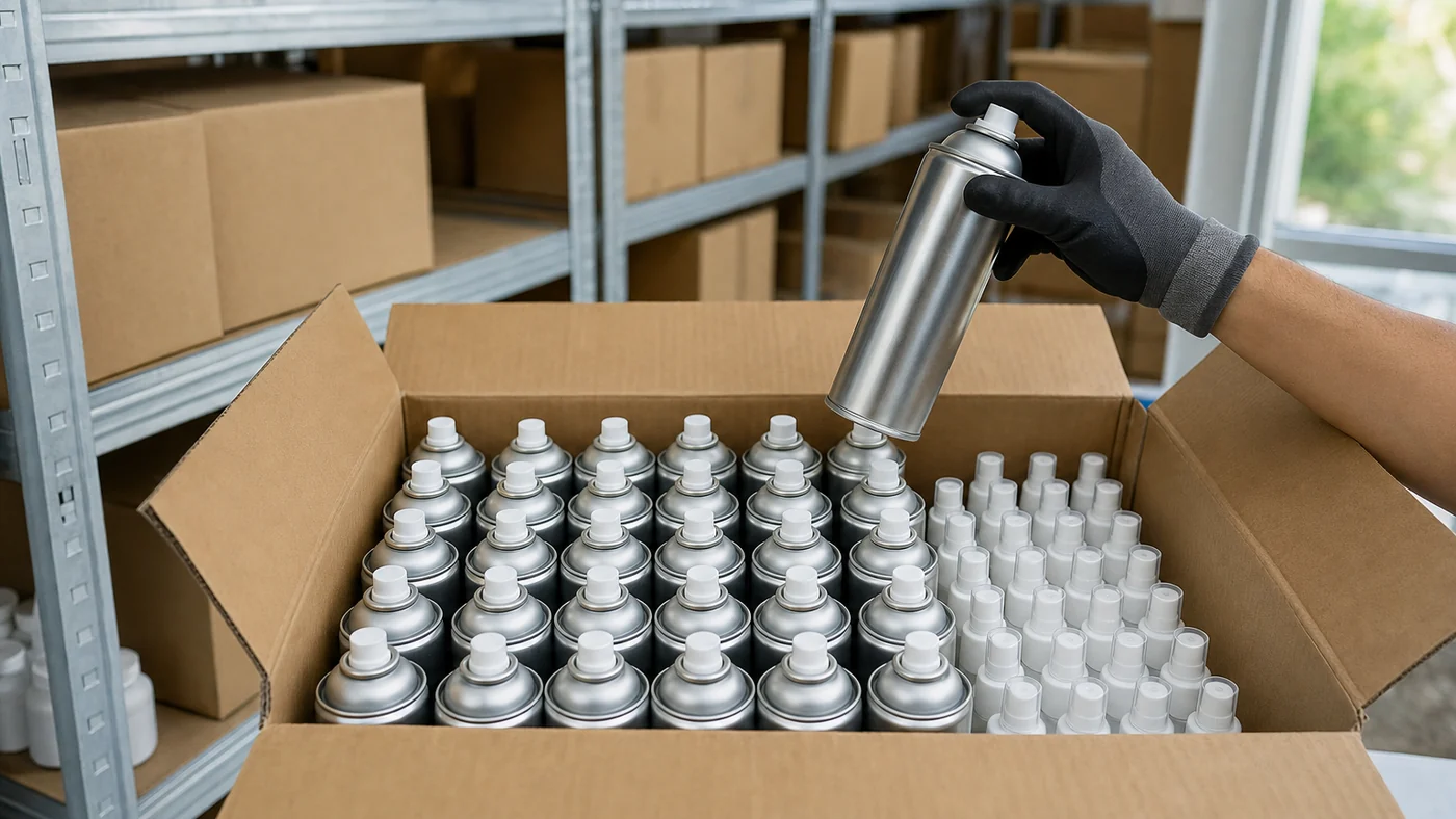 Open carton of plain silver aerosol cans and small white pump spray bottles on a warehouse shelf, a gloved hand lifting one aerosol can
