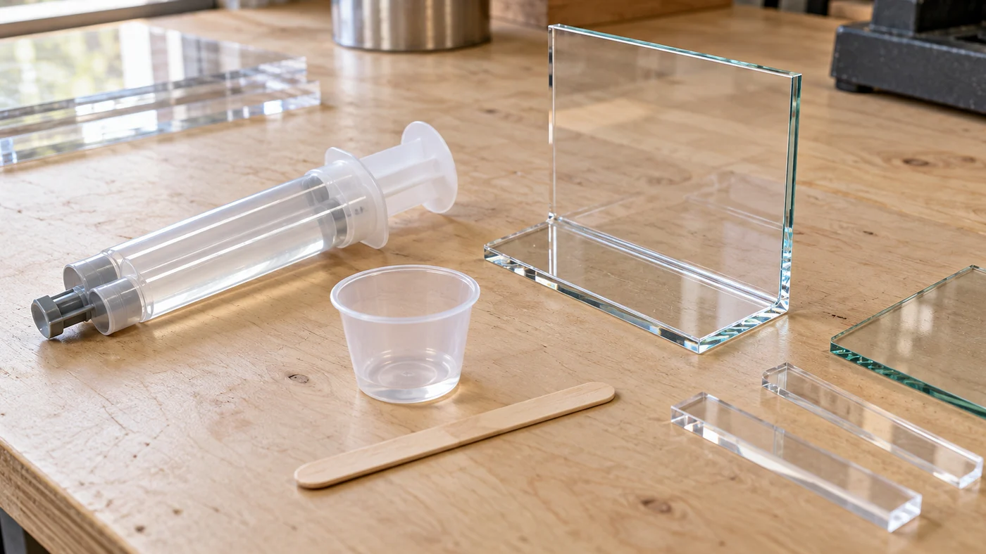 Plain clear two-part epoxy dual syringe, small clear mixing cup and wooden stick beside a clear acrylic display stand and a glass panel joined at right angles with an almost invisible glue line on a plywood bench