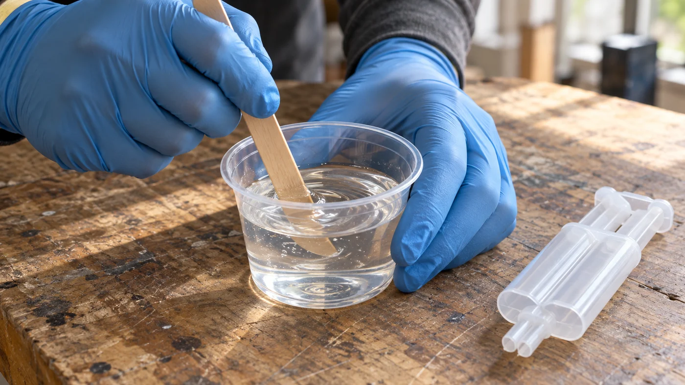 Gloved hand slowly stirring clear mixed epoxy in a small transparent cup with a flat wooden stick, only a few tiny bubbles in the glossy liquid, an unmarked clear dual syringe beside it
