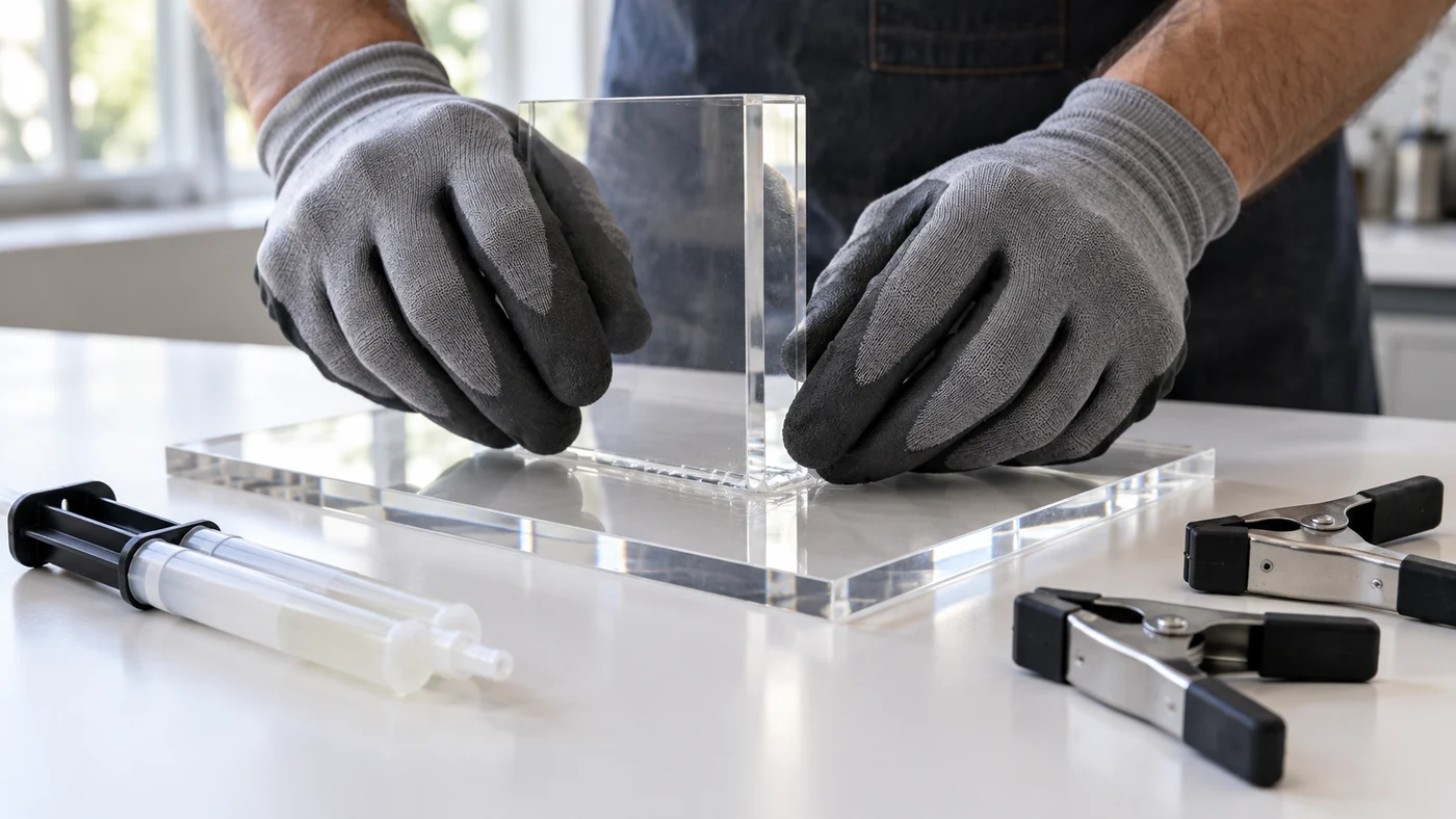 Two hands in identical grey gloves holding a clear acrylic panel upright and square on a thick clear acrylic base while the epoxy joint sets, a clear dual syringe and two spring clamps on the white bench
