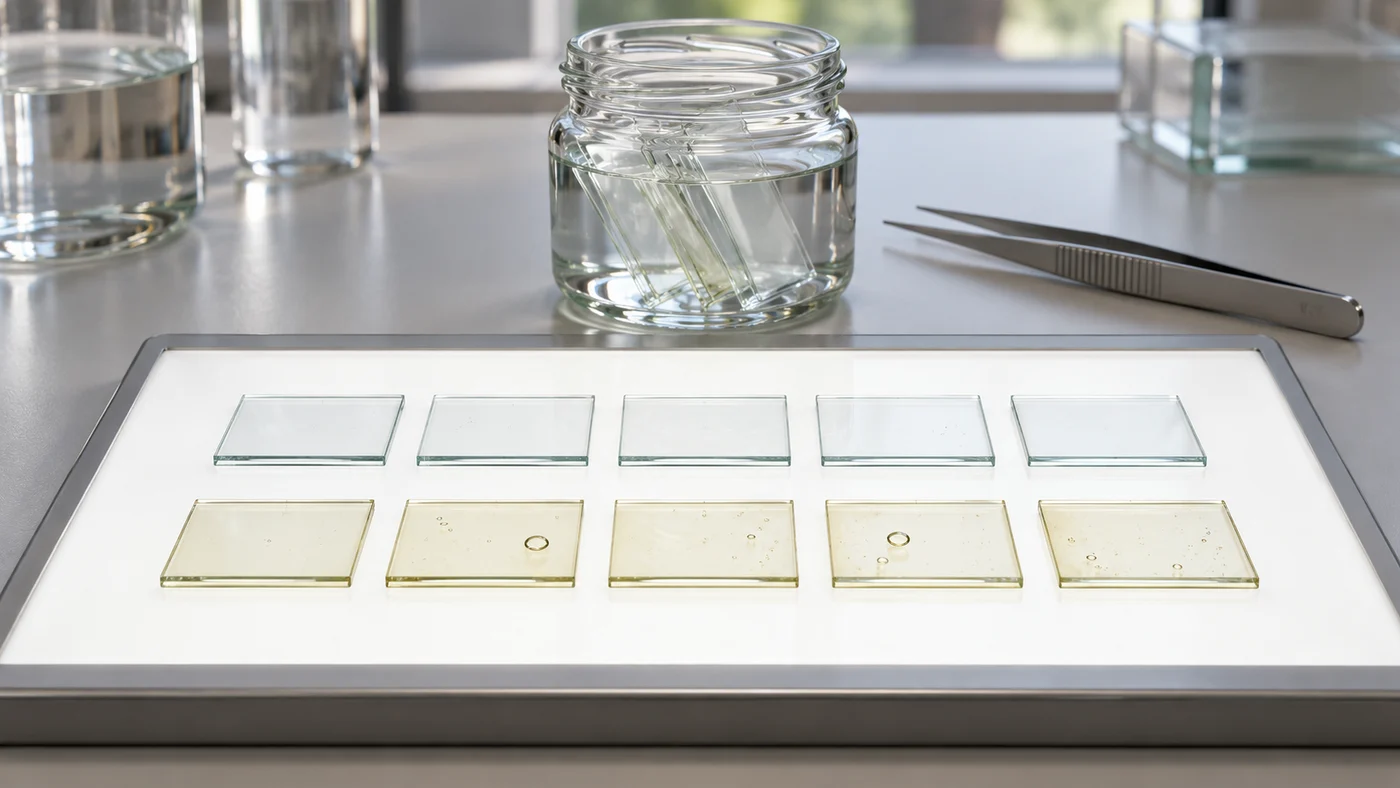 Rows of glass slides bonded with thin clear epoxy on an illuminated white panel, the top row water-clear and the bottom row slightly yellow with a few bubbles, a jar of water holding more bonded slides