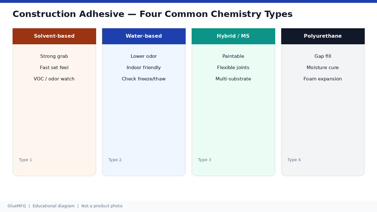 Four panels comparing solvent-based, water-based, hybrid MS, and polyurethane construction adhesives