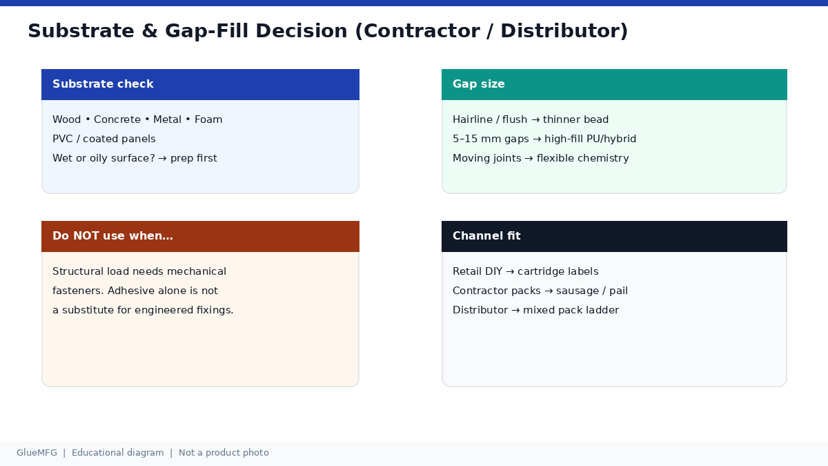 Decision panels for substrate check, gap size, when not to use adhesive alone, and channel fit