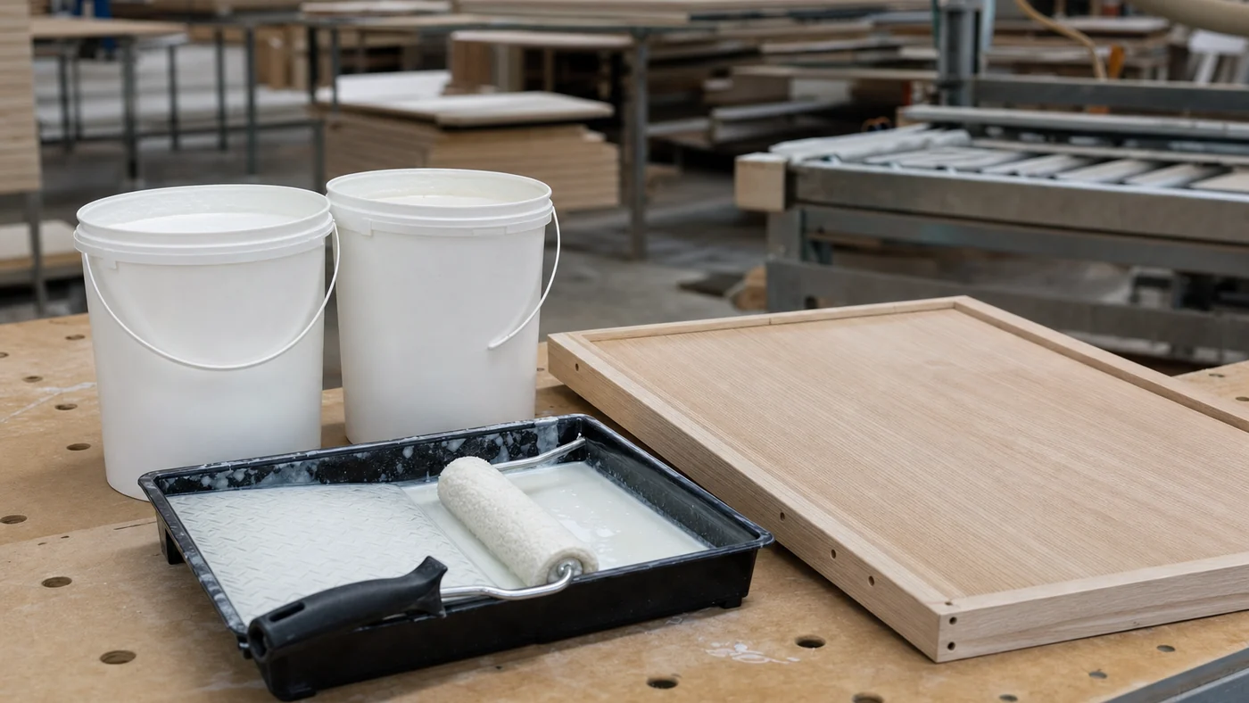 Furniture OEM line with plain unmarked water-based acrylic adhesive pails and a short-nap roller on a tray beside a light wood cabinet panel