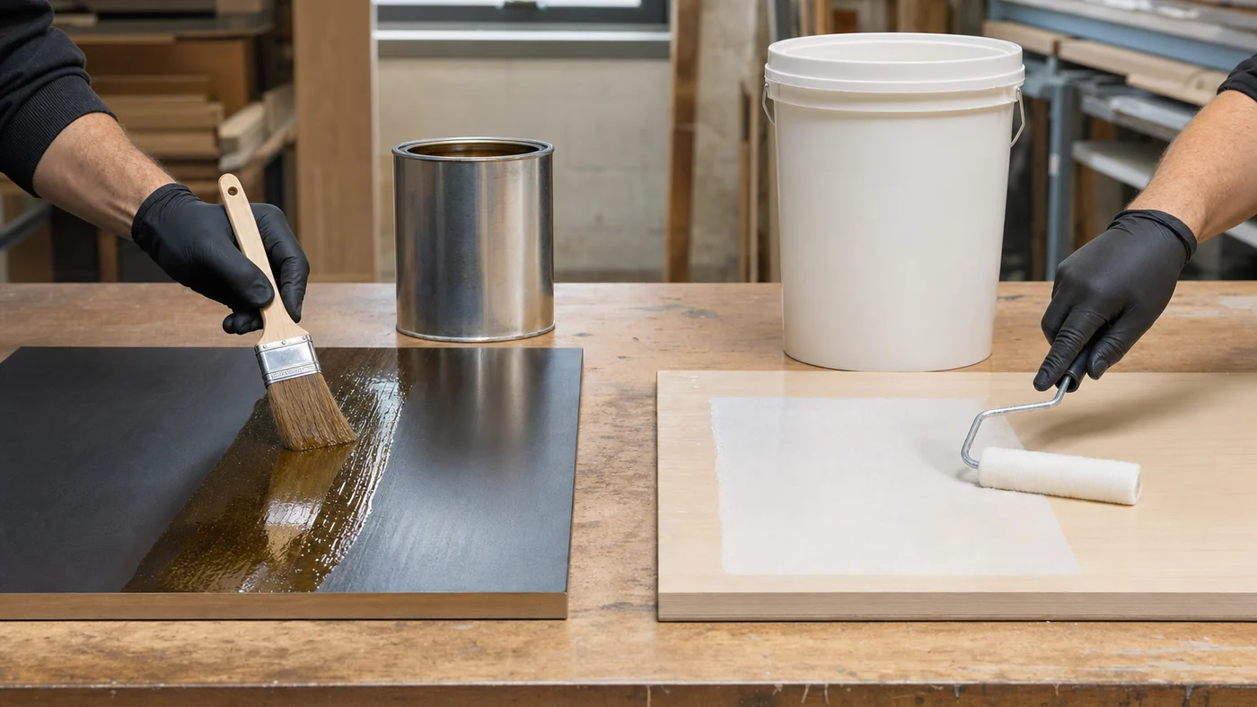 Side-by-side laminating benches: solvent contact adhesive brush coat on dark laminate next to water-based acrylic roller coat on pale wood, plain unmarked containers only