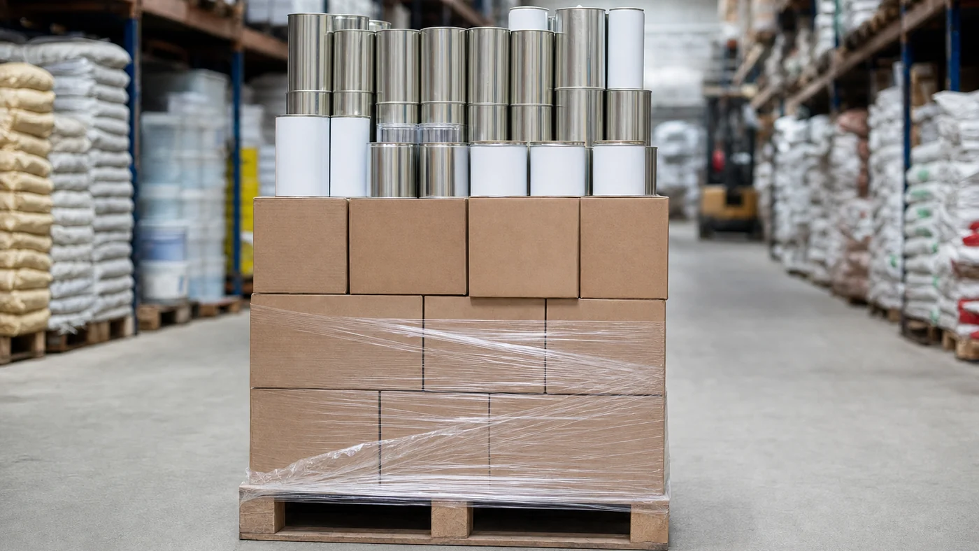 Warehouse aisle with shrink-wrapped pallets of plain unmarked contact and acrylic adhesive cans in brown cartons