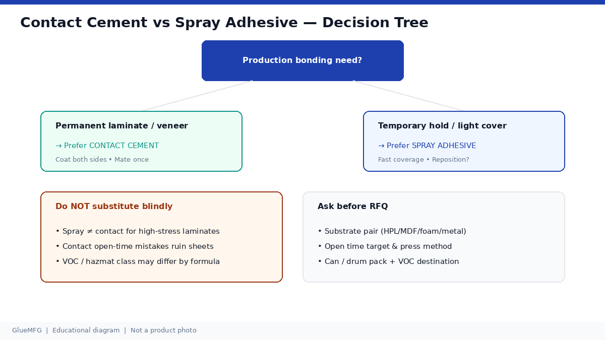 Decision tree choosing contact cement for permanent laminates versus spray adhesive for temporary hold