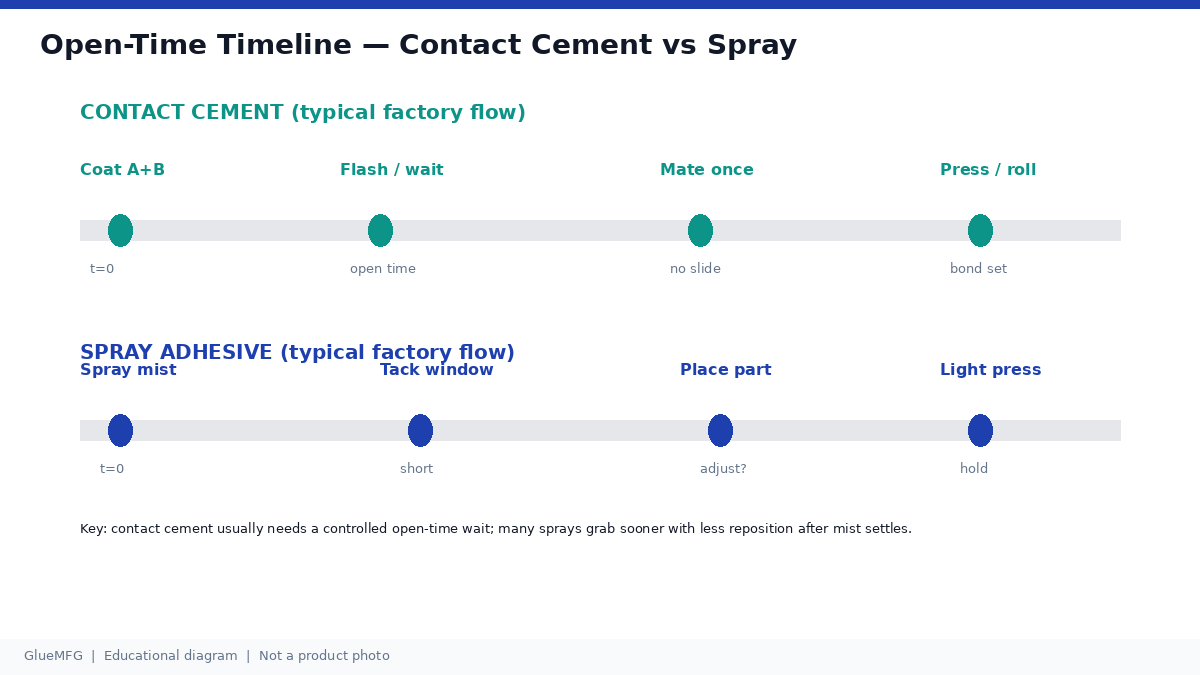 Timeline comparing contact cement open-time flow versus spray adhesive tack window