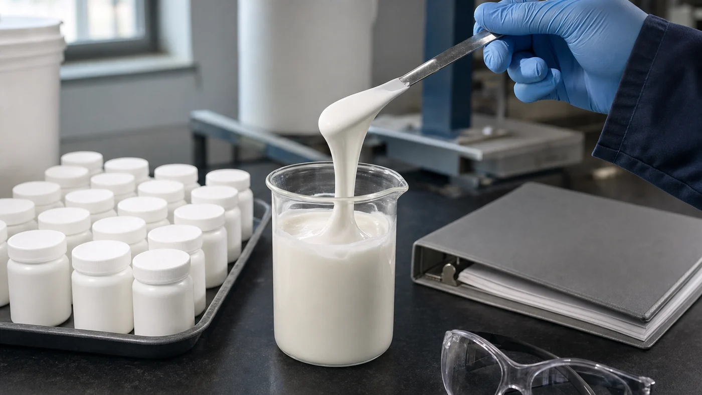 Glass beaker of thick white water-based glue on a lab bench with a stainless spatula lifting a ribbon of glue, a tray of plain white sample bottles, a closed grey binder and safety glasses