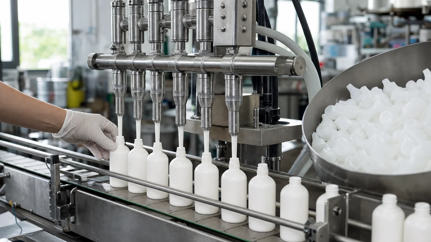 Multi-nozzle filling head dispensing white glue into a row of plain white squeeze bottles on a stainless conveyor, a gloved hand steadying one bottle and a bowl of plain white nozzle caps beside the line