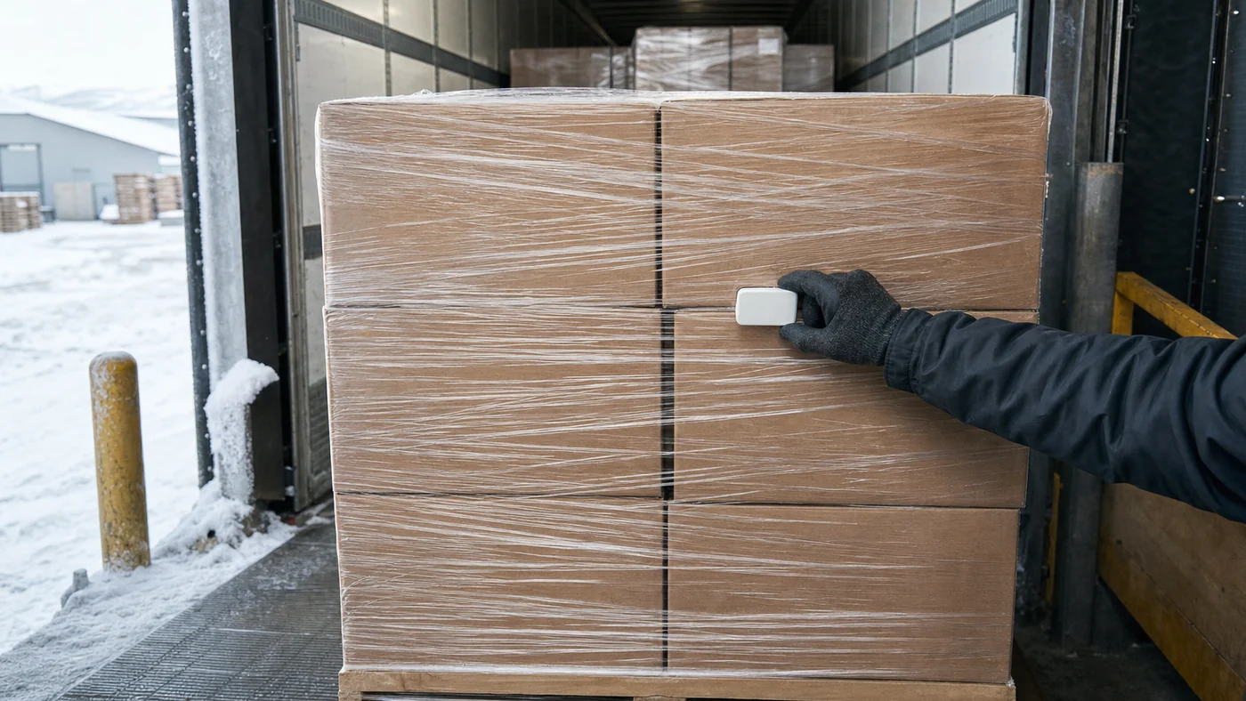 Stretch-wrapped pallet of plain brown cartons at the door of a trailer at a snowy loading dock, a gloved hand placing a plain white temperature logger on a carton