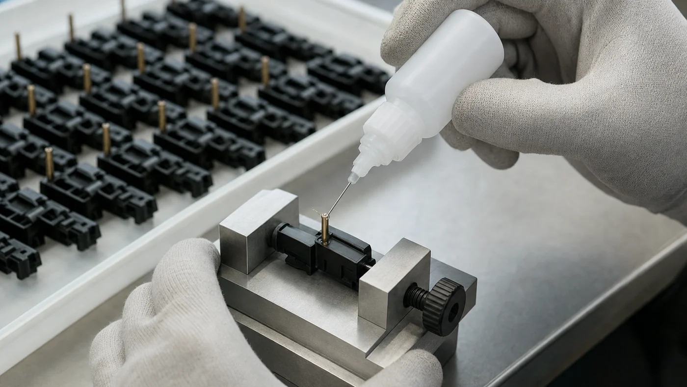 Gloved hand placing one clear drop of thin instant adhesive from a needle-tip bottle at the seam of a brass pin pressed into a black plastic part in a fixture