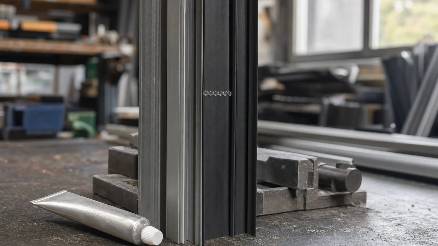 Short row of glossy clear gel instant adhesive beads holding their shape on the vertical face of a black rubber door-seal strip fitted to an upright grey aluminium profile, a plain capped aluminium tube on the bench