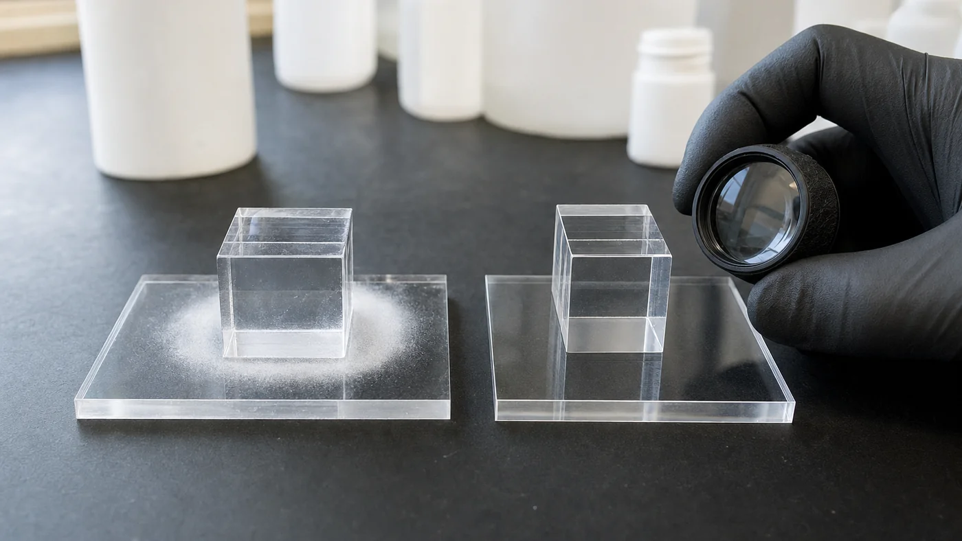 Two clear acrylic cubes bonded to clear plates on a black mat, the left one surrounded by a white powdery haze and the right one clean, with a gloved hand holding a magnifying loupe