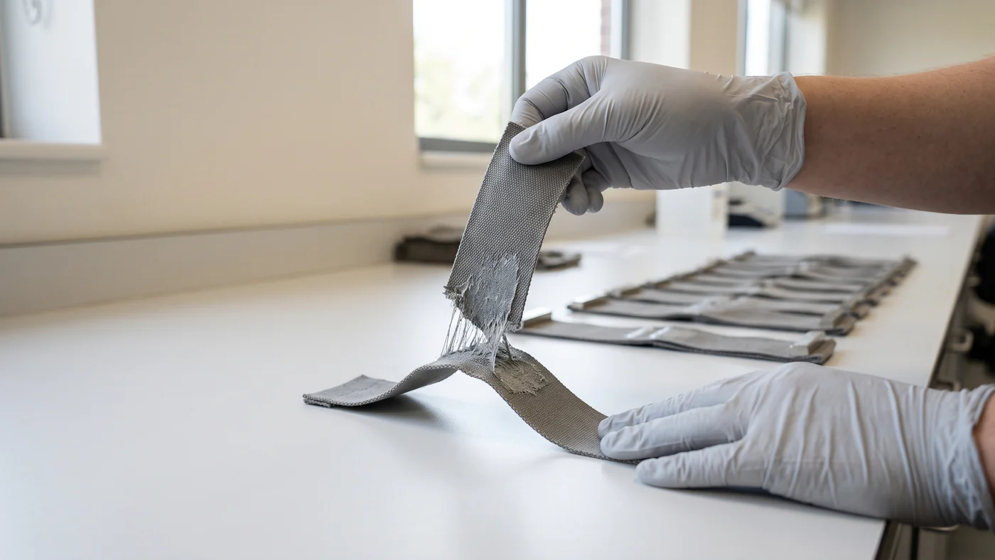 Gloved hands pulling apart two bonded strips of grey canvas in a simple peel test, other bonded test strips laid out on a white lab bench