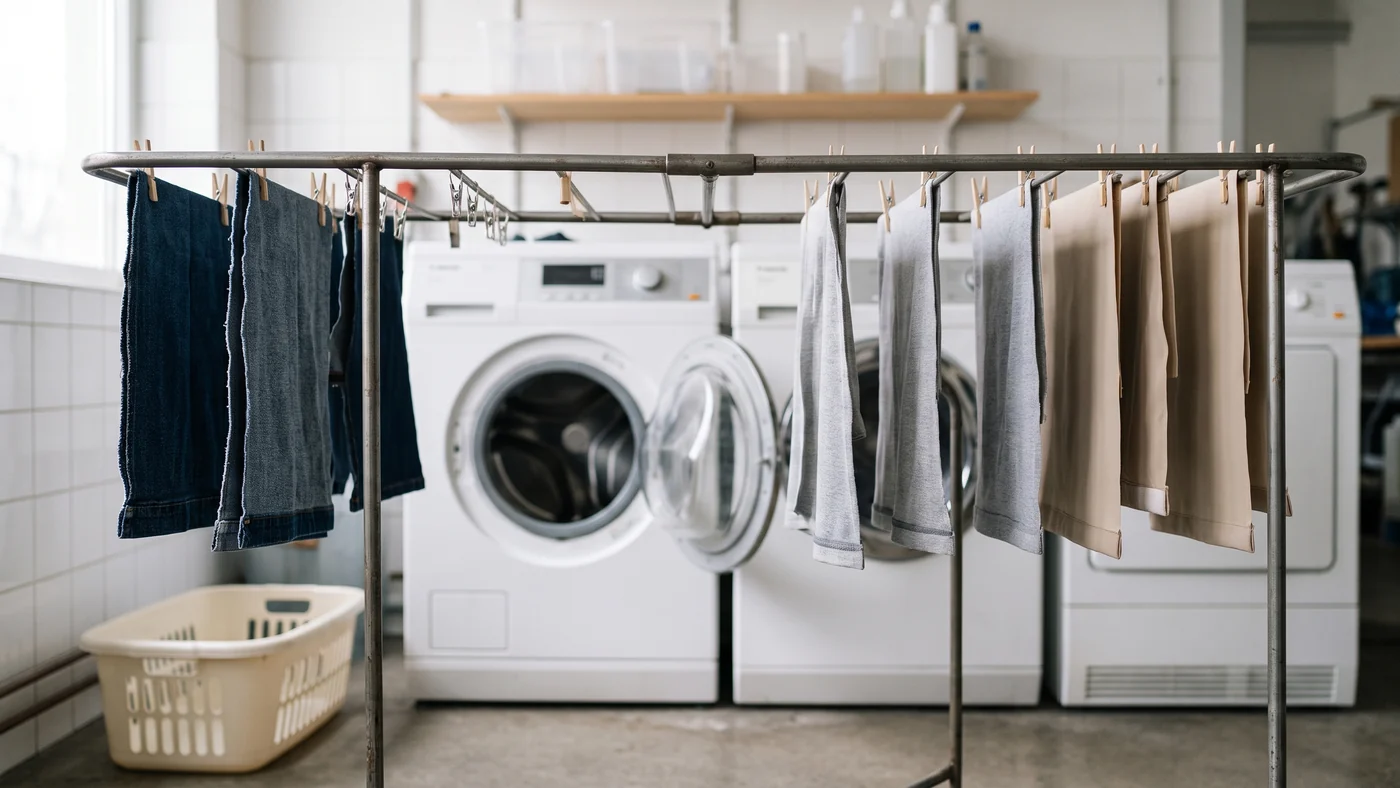 Bonded denim, cotton and polyester swatches with glued hems drying on a steel rack beside a white front-loading washing machine