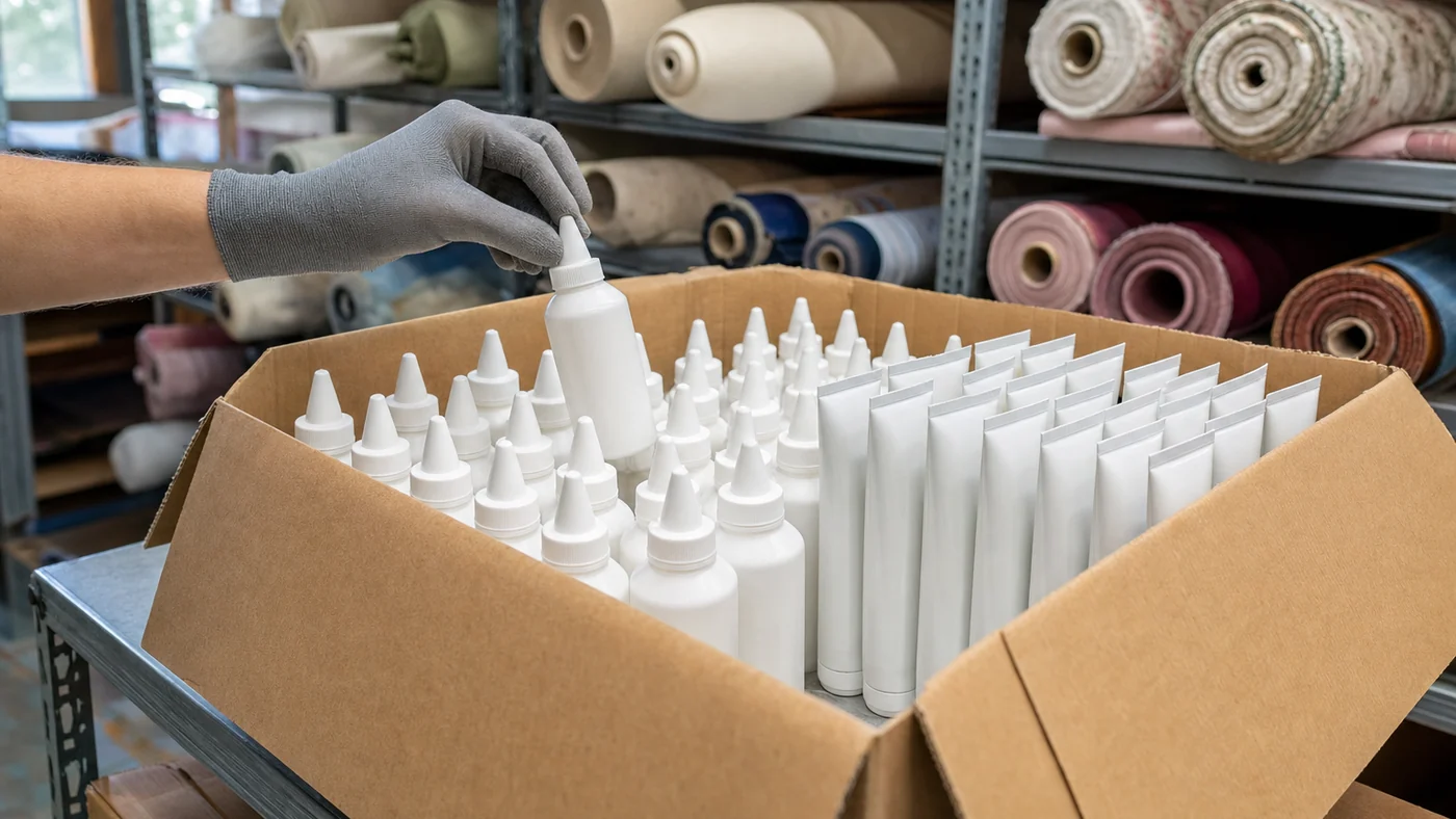 Open carton of plain white squeeze bottles and tubes of fabric glue on a warehouse shelf, a gloved hand lifting one bottle, fabric rolls behind