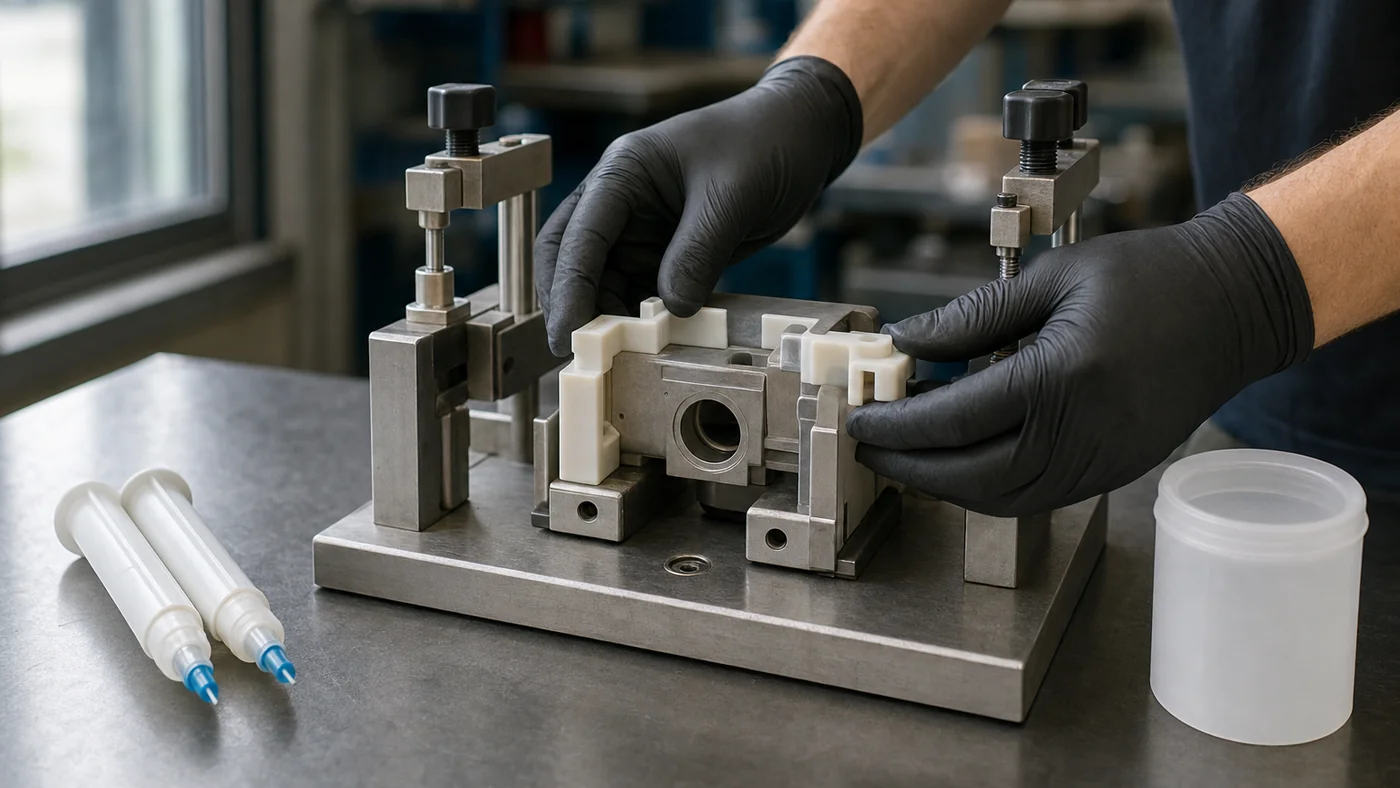 Gloved hands aligning a plastic-metal assembly in a clamping jig while slow-cure epoxy sets, plain unmarked dual syringes nearby on a production fixture bench