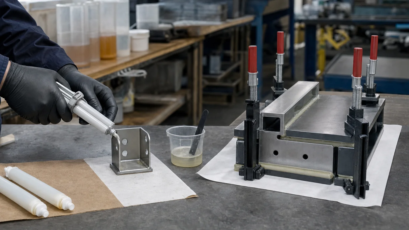 Side-by-side production stations: left applying fast-setting epoxy to a small metal bracket; right a larger structural joint with slow-cure epoxy in clamps