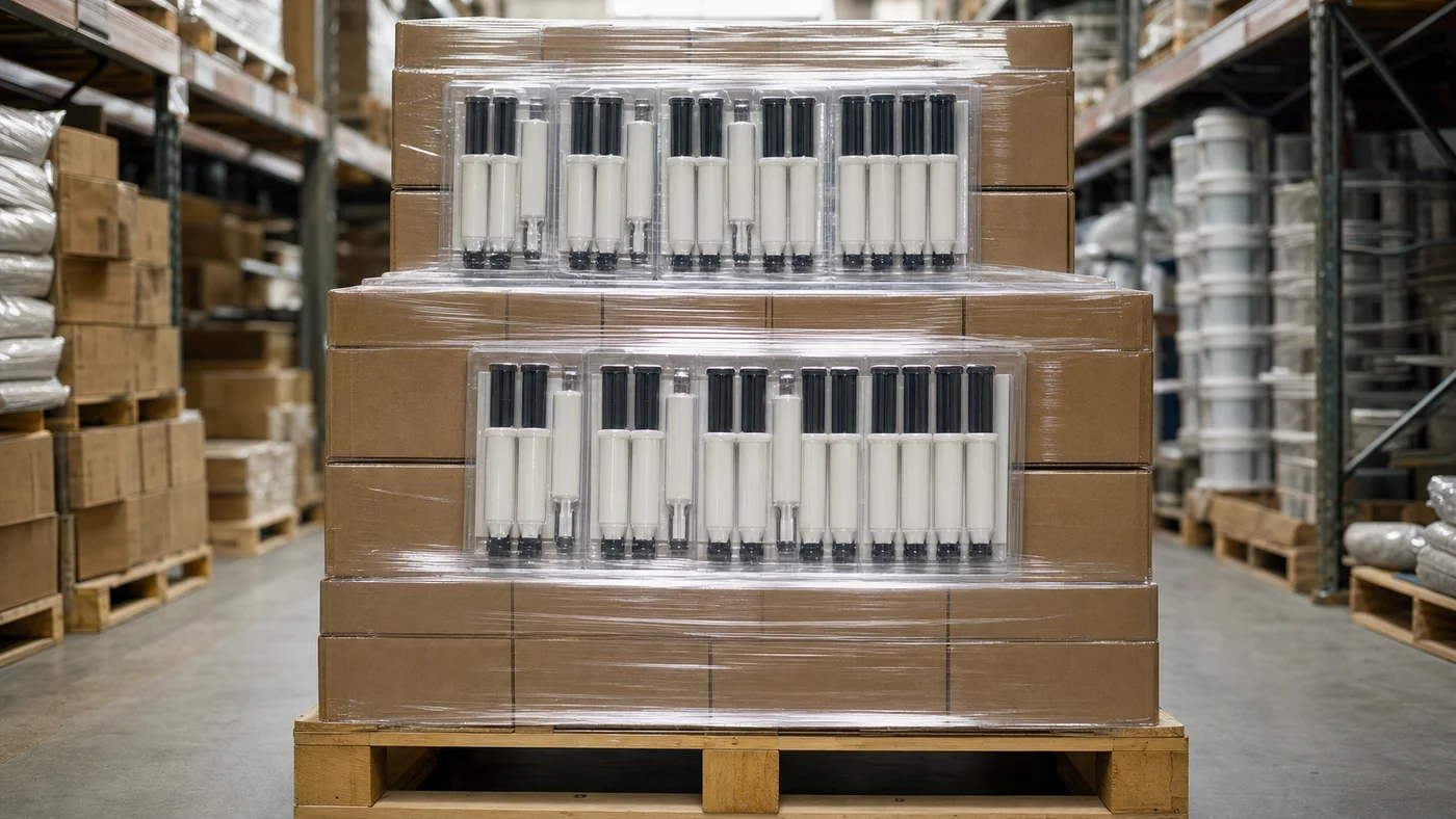 Warehouse aisle with shrink-wrapped pallet of plain brown cartons holding unlabeled dual-syringe epoxy sets, forklift blurred in the background