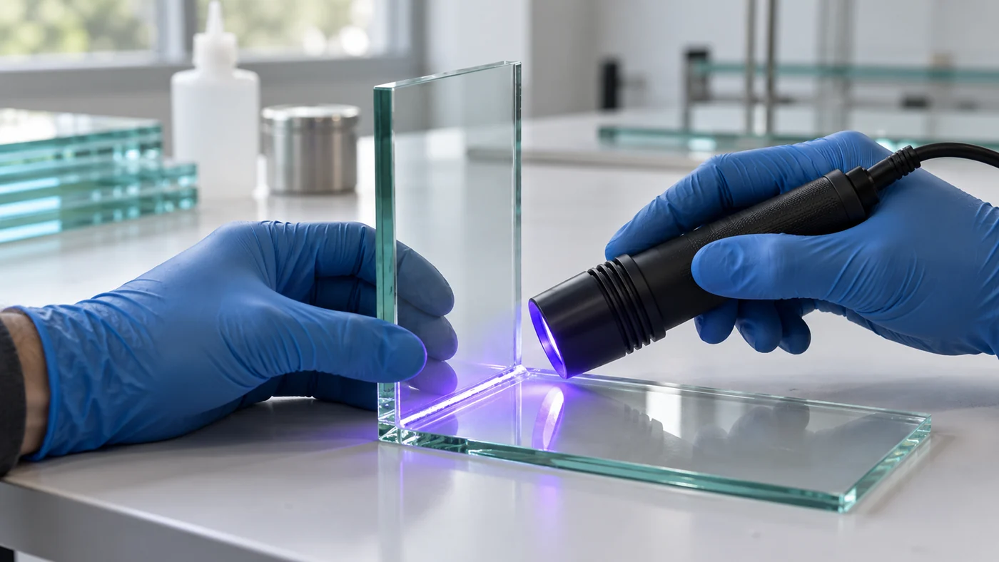 Gloved hand holding a small clear glass panel upright on a glass base while a handheld UV lamp shines violet light on the joint