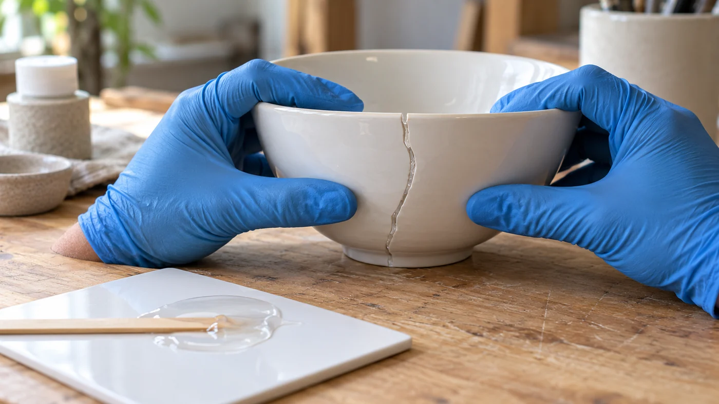 Two gloved hands holding a white porcelain bowl together along a glued break line, clear two-part epoxy and a wooden stick on a white tile beside it