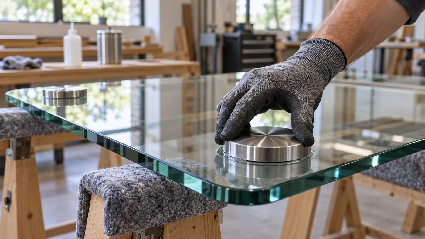 Gloved hand pressing a round stainless steel mounting disc onto a thick clear glass table top resting on padded trestles, a second disc already bonded at the far corner
