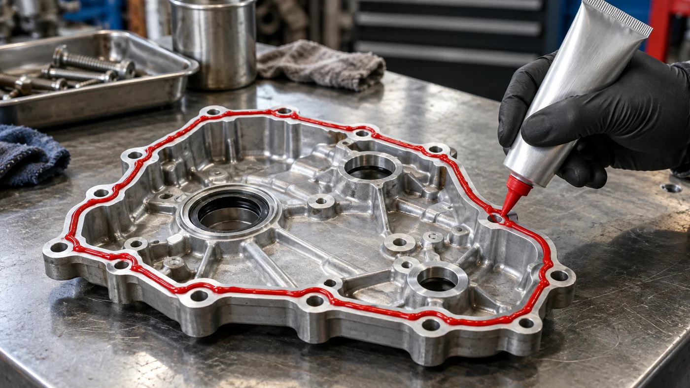 Gloved hand squeezing an unmarked metal tube to lay a continuous bead of red high-temperature silicone gasket maker around the machined flange of an aluminium engine cover