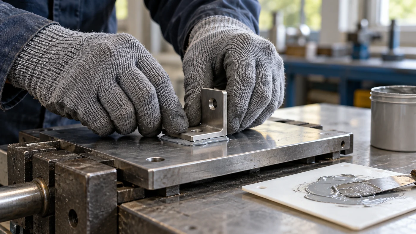 Two hands in identical grey knit gloves pressing a stainless steel bracket onto a bead of grey mixed epoxy on a steel plate held in a bench fixture, mixing card and metal spatula beside it